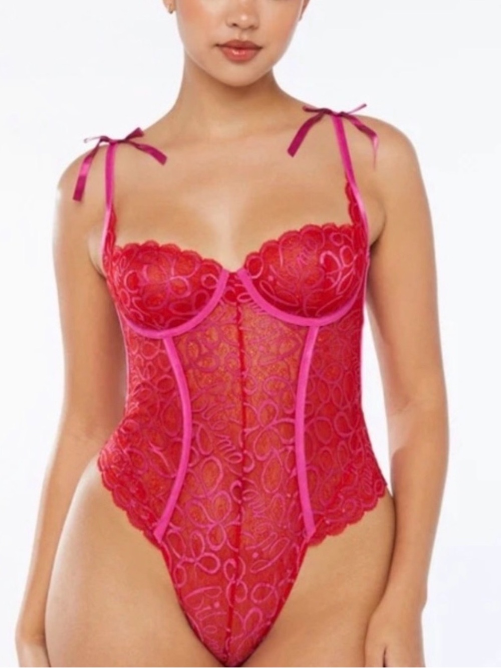 Savage X Fenty Lace Corset Bodysuit Ribbon Writing Red Pink 2X